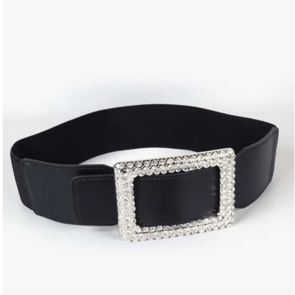 Vegan Rectangular Rhinstone Buckle Stretch Belt - Picture 1 of 2